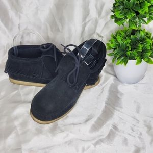 ◇ Minnetonka Black Suede Fringe Low Top Moccasins Size 6.5